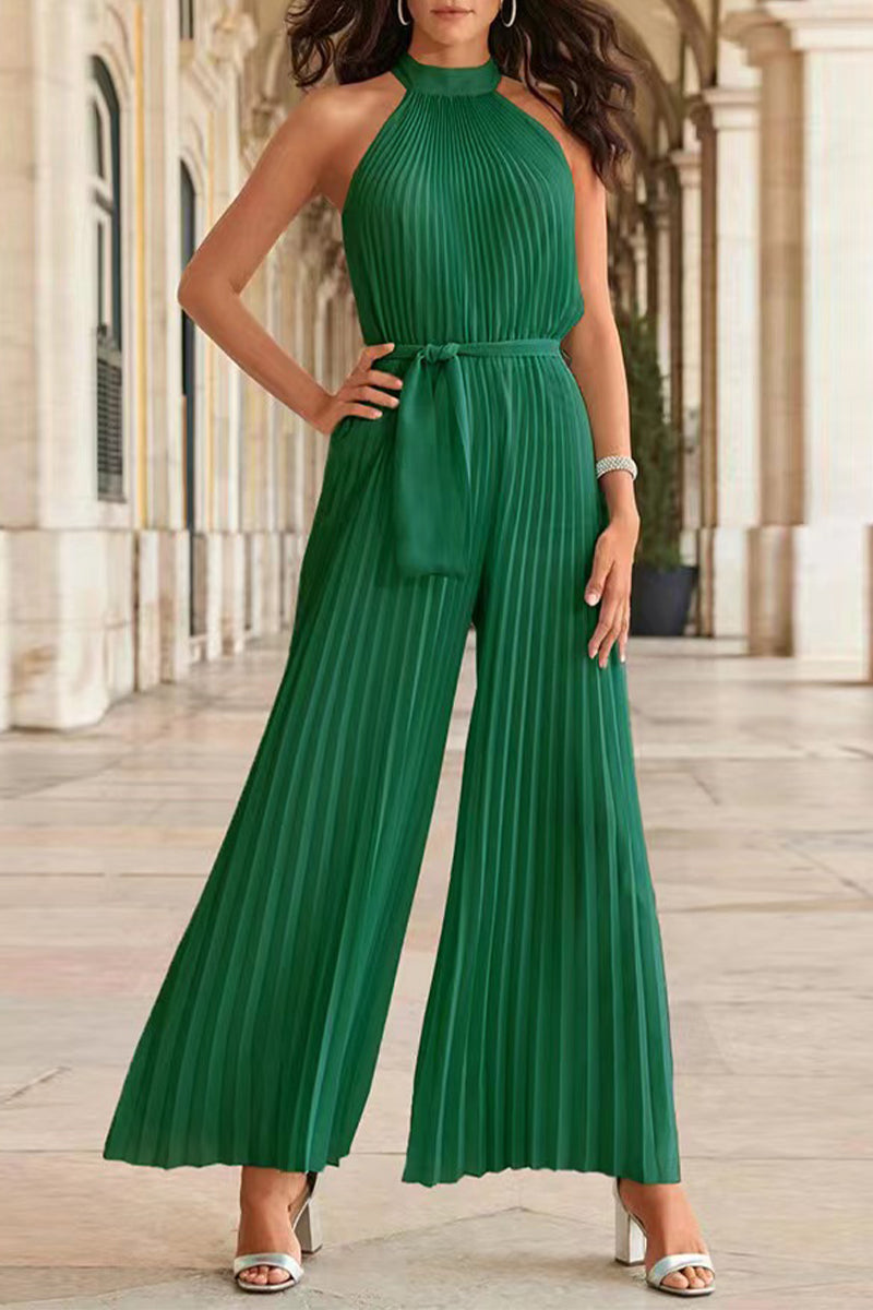 CM | Casual Simplicity Solid Frenulum Pleat Halter Loose Jumpsuits (6 Colores)