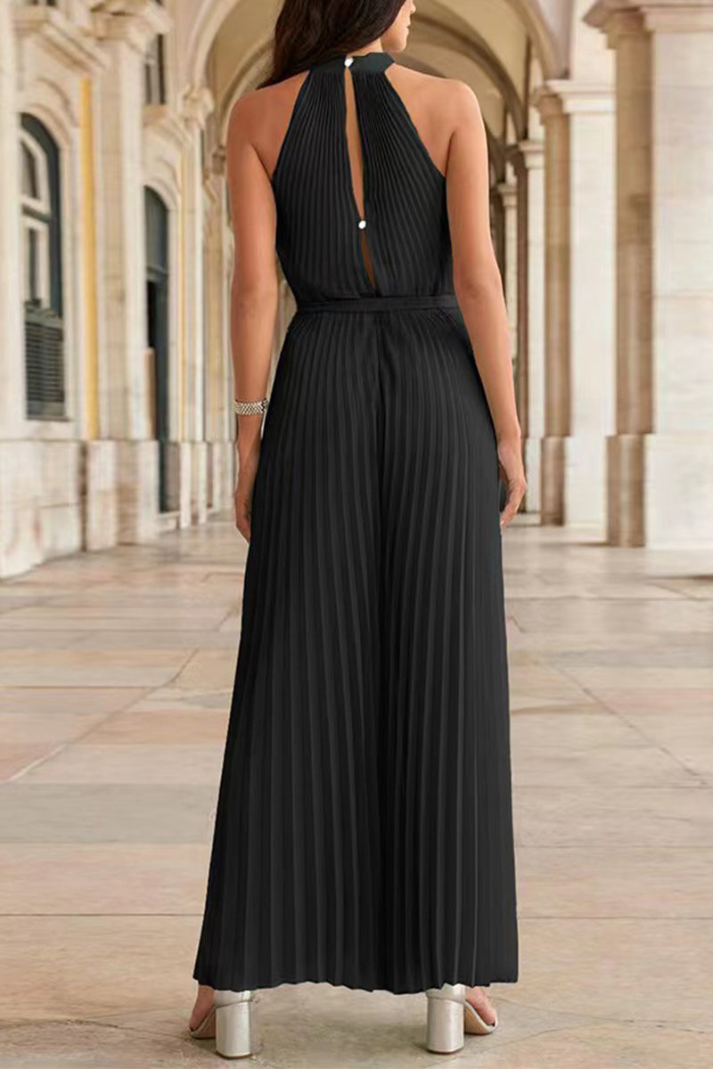 CM | Casual Simplicity Solid Frenulum Pleat Halter Loose Jumpsuits (6 Colores)