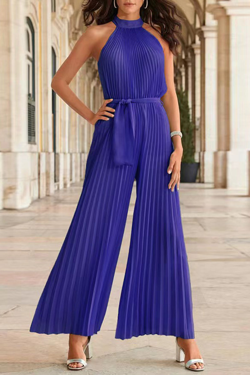 CM | Casual Simplicity Solid Frenulum Pleat Halter Loose Jumpsuits (6 Colores)