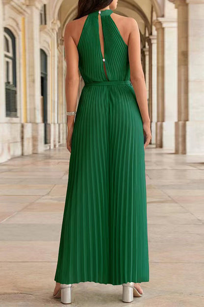 CM | Casual Simplicity Solid Frenulum Pleat Halter Loose Jumpsuits (6 Colores)