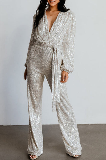 CM | Casual Elegante Sólido Lentejuelas V Cuello Regular Jumpsuits(3 Colours)