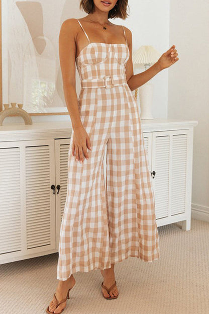 CM | Casual Plaid Patchwork Square Collar Loose Jumpsuits