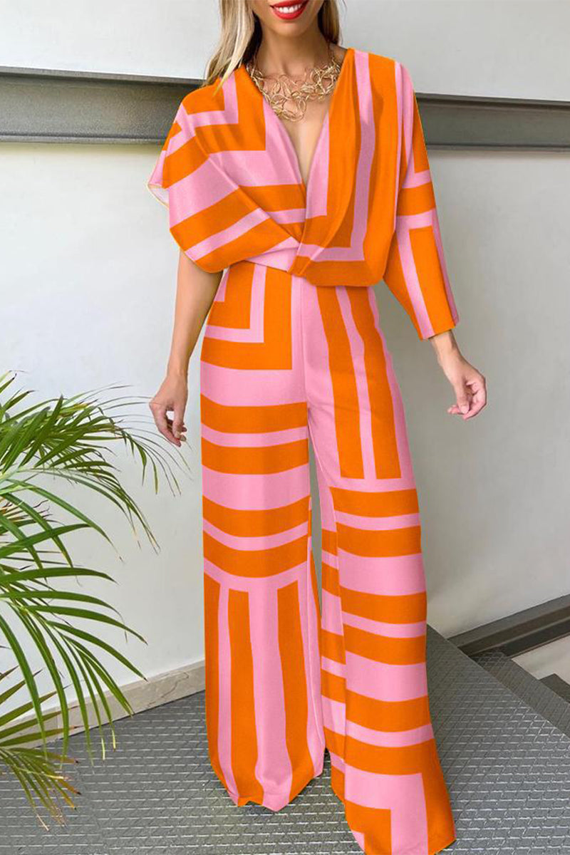 CM | Casual Sportswear Print Patchwork Asymmetric V-Neck Straight Jumpsuits