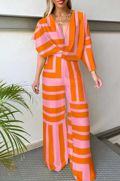 CM | Casual Sportswear Print Patchwork Asymmetric V-Neck Straight Jumpsuits