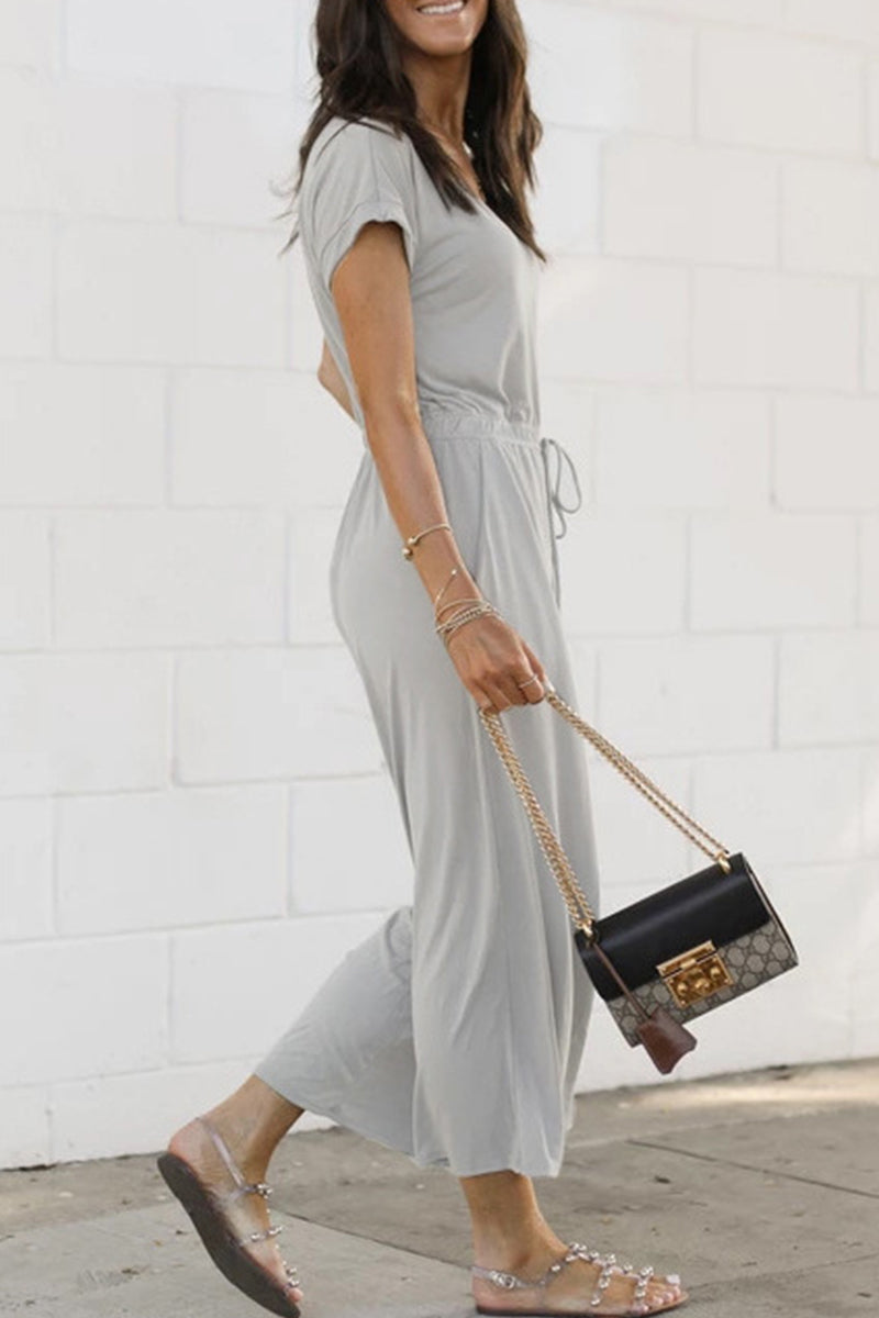 CM | Casual Daily Solid Pocket Frenulum V Neck Jumpsuits