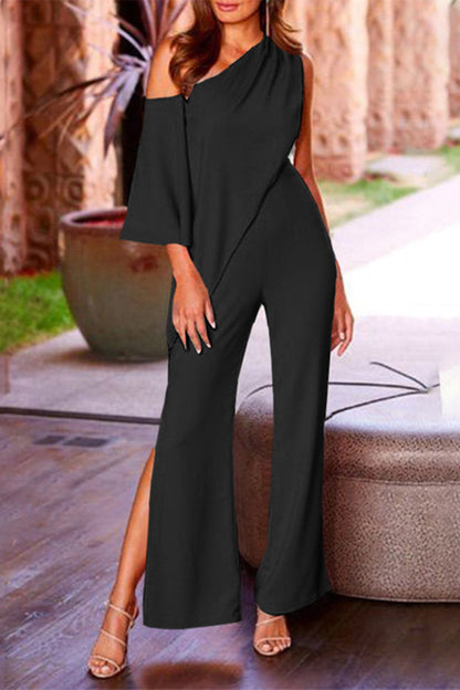 CM | Casual Solid Asymmetric Bias Collar Loose Jumpsuits