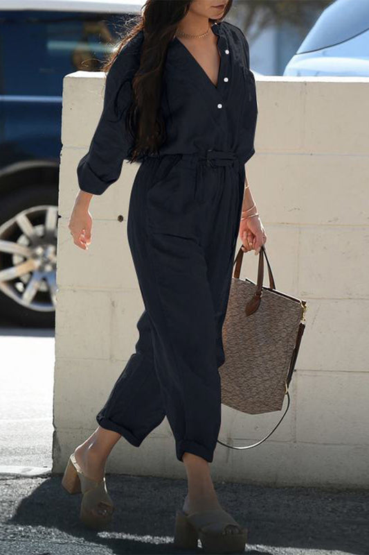 CM | Casual Daily Solid Frenulum Turn-down Collar Regular Jumpsuits(3 colors)