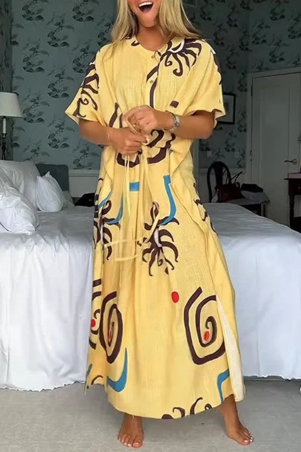 CM | Helia Mezcla de Lino Estampado Único Maxi Vestido Kaftan con Cintura con Cordón