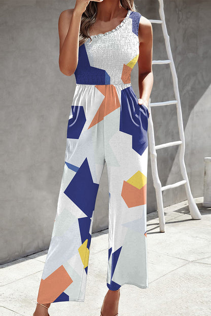 CM | Casual Print Patchwork Bag Bias Collar Loose Jumpsuits