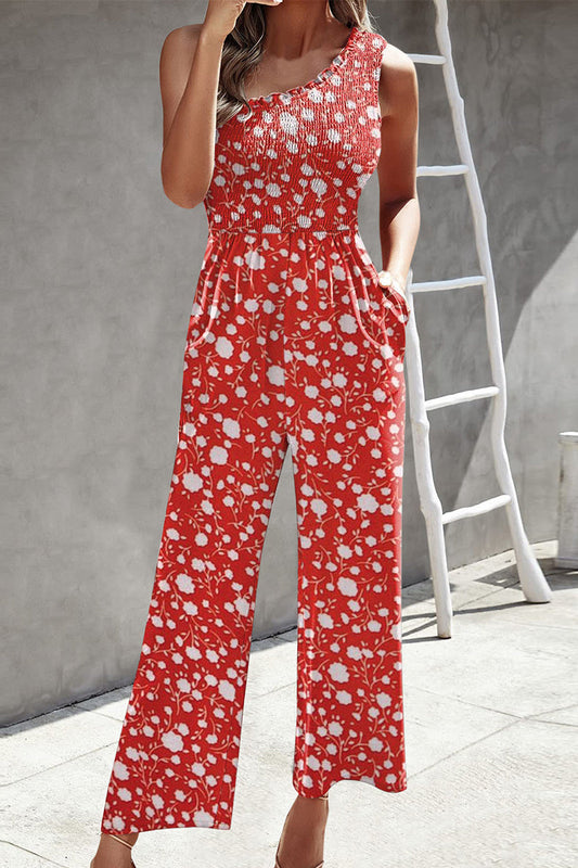 CM | Casual Print Patchwork Bag Bias Collar Loose Jumpsuits