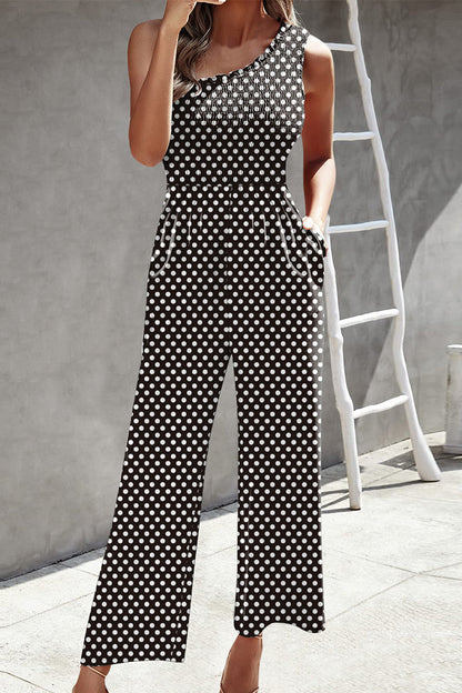 CM | Casual Print Patchwork Bag Bias Collar Loose Jumpsuits