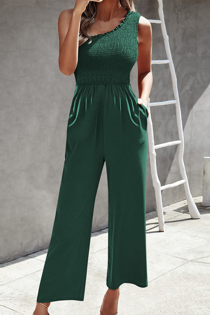 CM | Casual Print Patchwork Bag Bias Collar Loose Jumpsuits