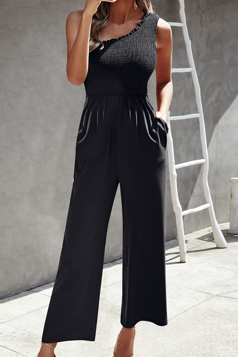 CM | Casual Print Patchwork Bag Bias Collar Loose Jumpsuits
