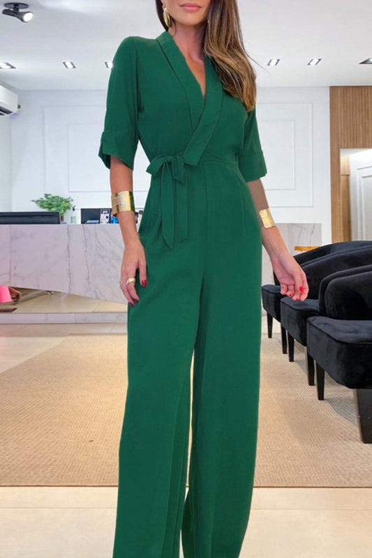 CM | Casual Solid Patchwork Frenulum V Neck Regular Jumpsuits