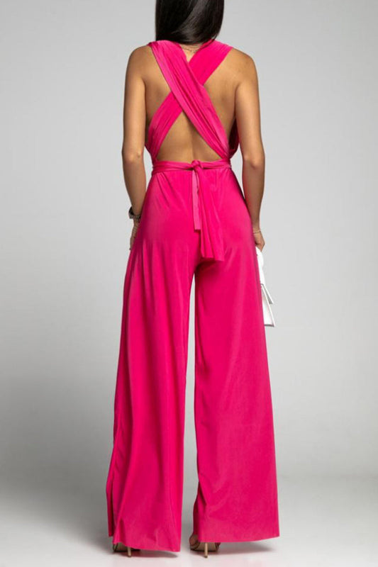 CM | Casual Elegante Solid Backless Cross Strap V Neck Jumpsuits(4 Colours)