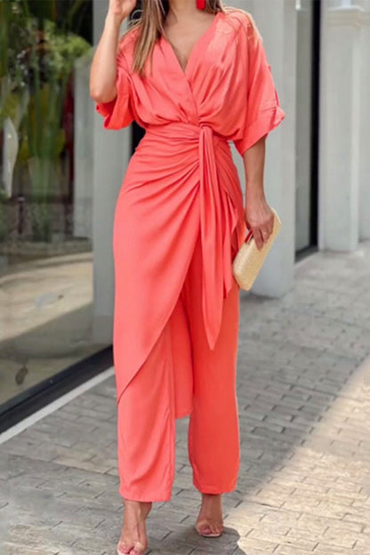 CM | Casual Sólido Frenillo Cuello en V Regular Jumpsuits(3 colores)