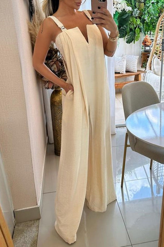 CM | Casual Solid Backless V Neck Regular Jumpsuits