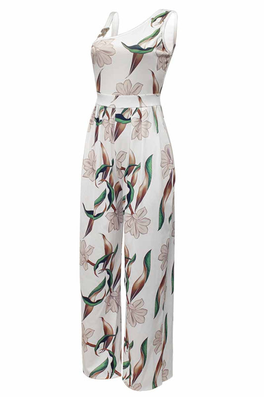 CM | Casual Print Patchwork Asymmetric Collar Jumpsuits