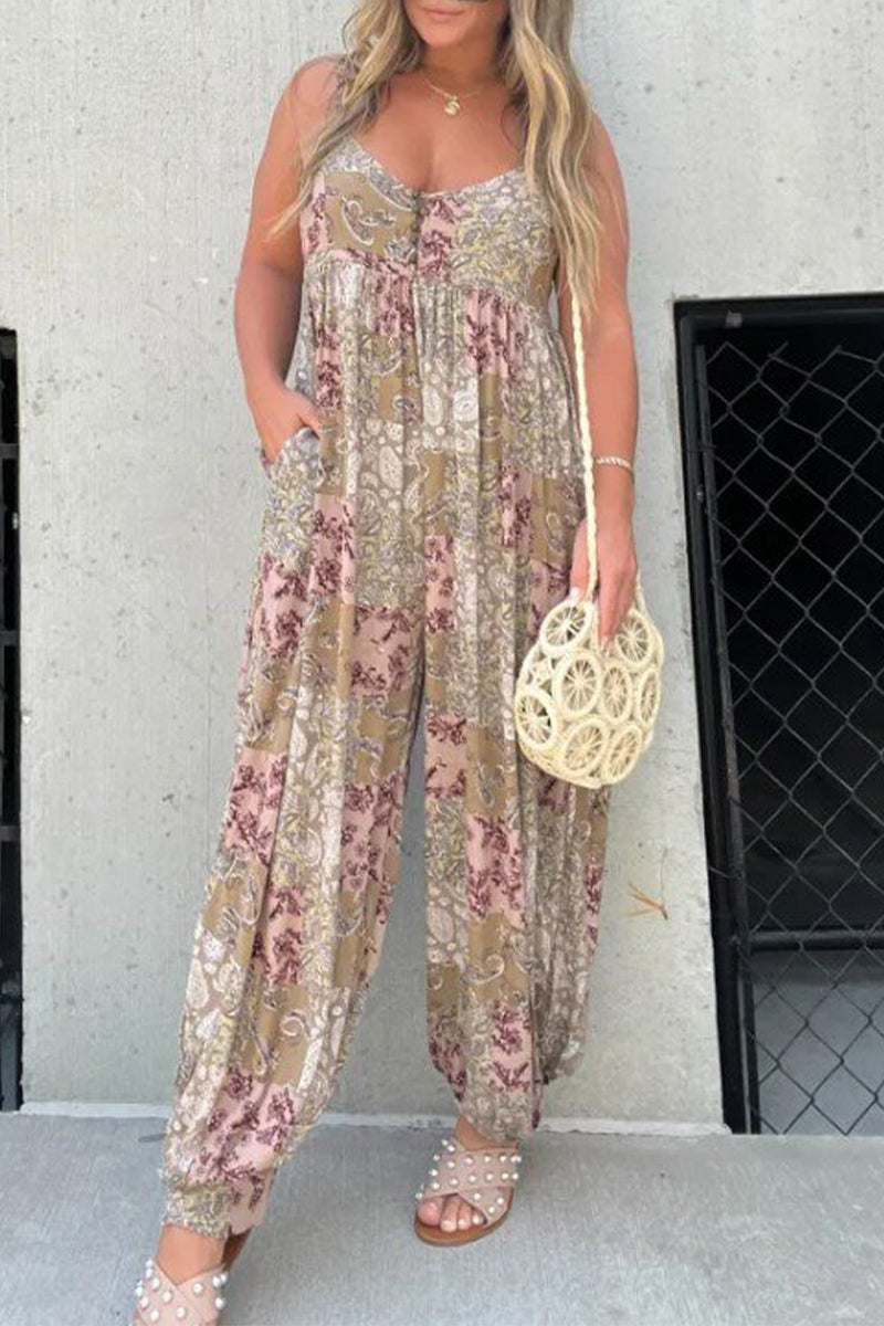 CM | Casual Floral Bolsillo Cuello en V Monos Sueltos