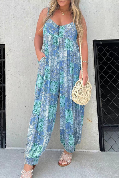 CM | Casual Floral Bolsillo Cuello en V Monos Sueltos
