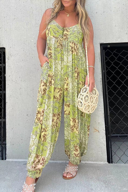 CM | Casual Floral Bolsillo Cuello en V Monos Sueltos