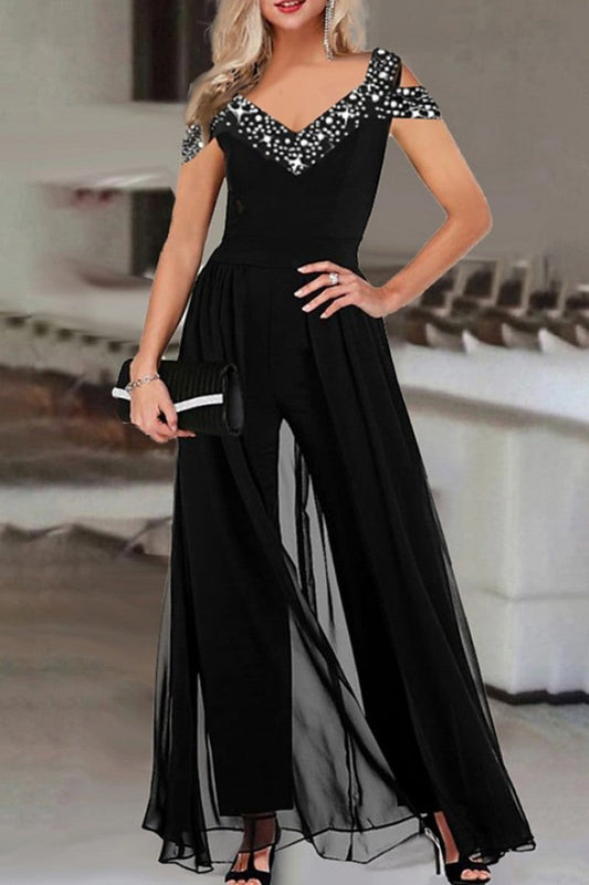CM | Casual Print Patchwork V-Neck Regular Jumpsuits