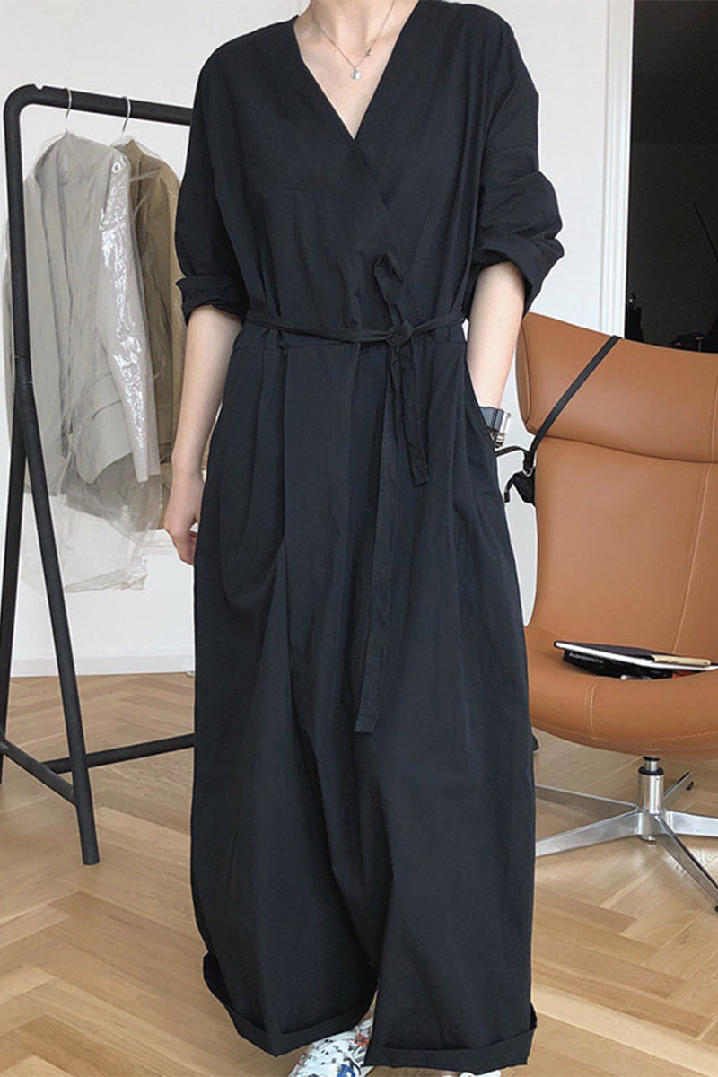 CM | Casual College Solid Frenulum V Neck Loose Jumpsuits