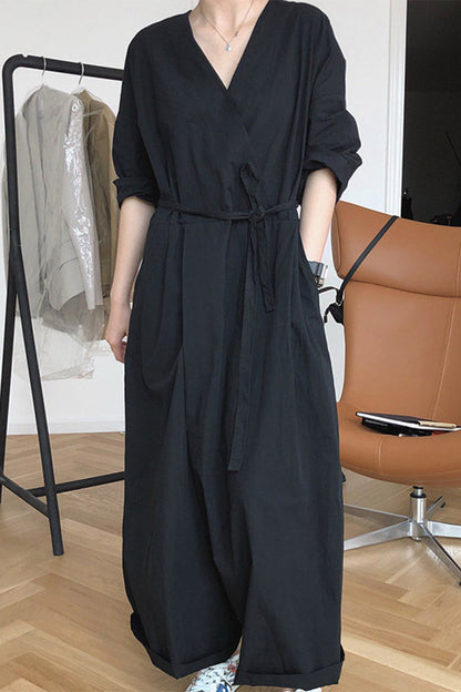 CM | Casual College Solid Frenulum V Neck Loose Jumpsuits
