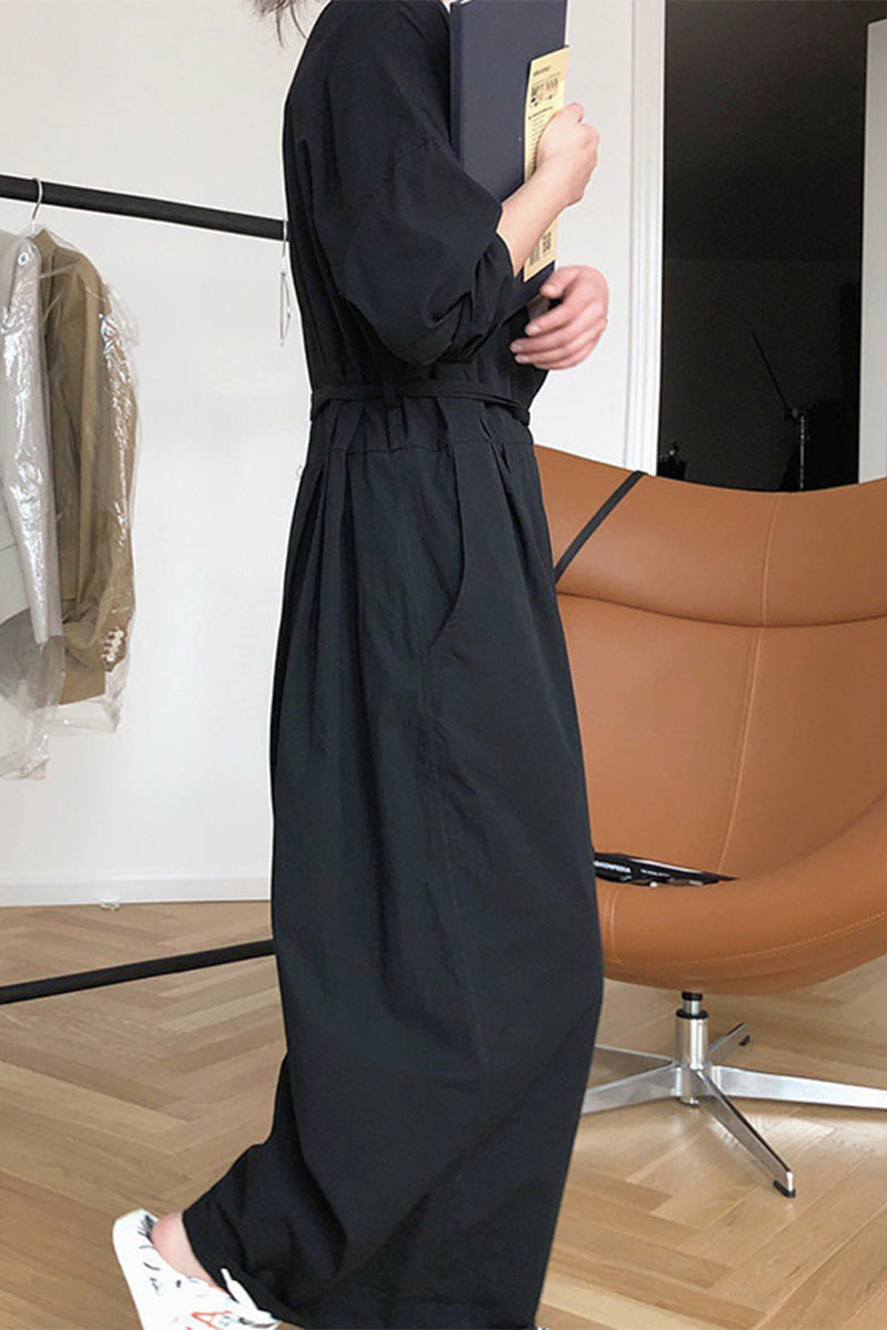 CM | Casual College Solid Frenulum V Neck Loose Jumpsuits