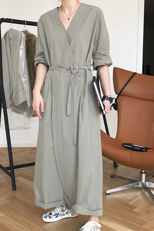 CM | Casual College Solid Frenulum V Neck Loose Jumpsuits