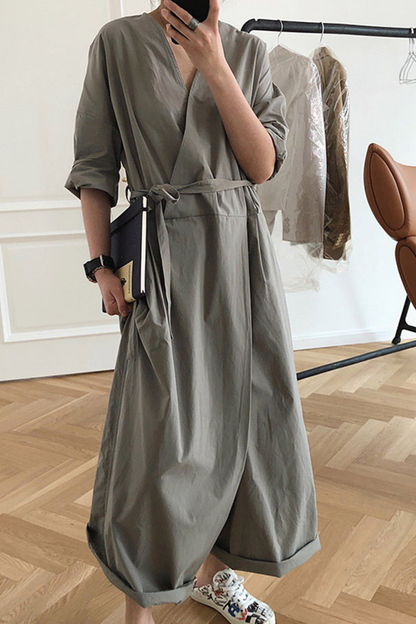 CM | Casual College Solid Frenulum V Neck Loose Jumpsuits