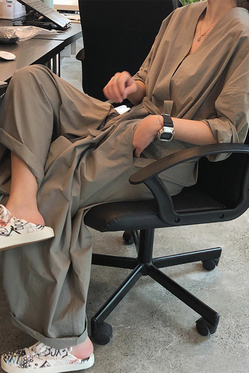 CM | Casual College Solid Frenulum V Neck Loose Jumpsuits