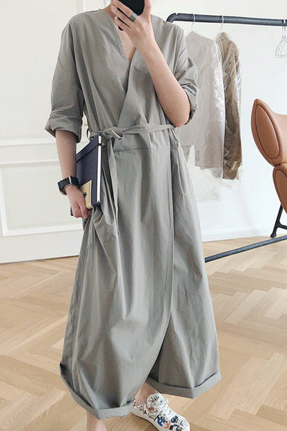 CM | Casual College Solid Frenulum V Neck Loose Jumpsuits