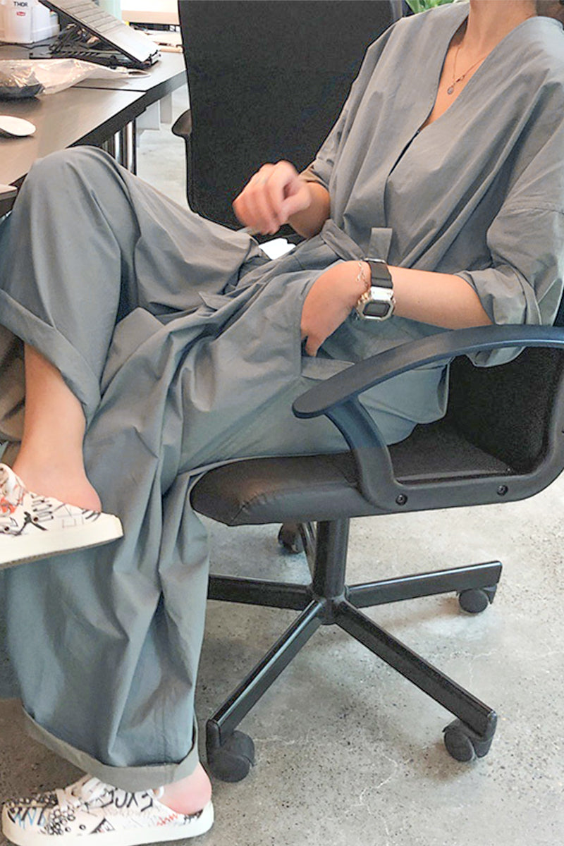 CM | Casual College Solid Frenulum V Neck Loose Jumpsuits