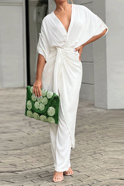 CM | Casual Sólido Frenillo Cuello en V Regular Jumpsuits(3 colores)