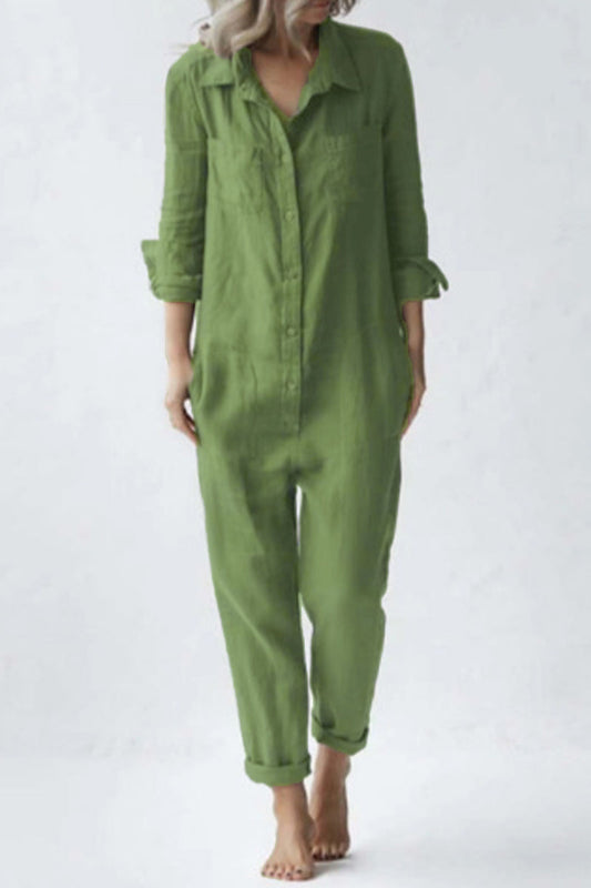 CM | Casual Solid Buckle Turn Down Collar Loose Jumpsuits(3 Colours)