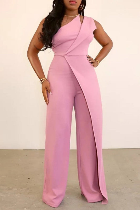 CM | Casual Solid Patchwork Bias Collar Regular Jumpsuits