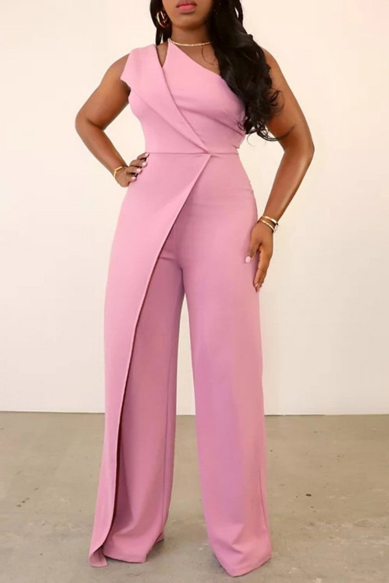 CM | Casual Solid Patchwork Bias Collar Regular Jumpsuits