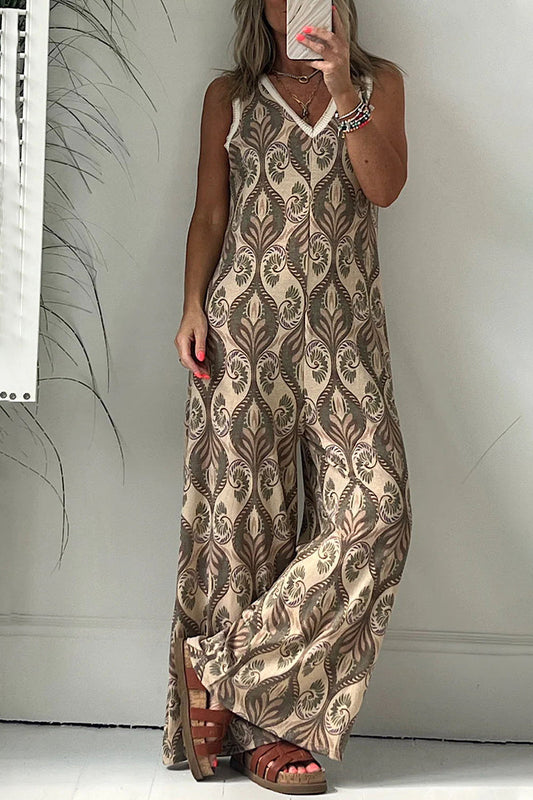 CM | Casual College Geometric Print V-Neck Loose Jumpsuits