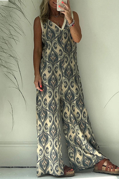 CM | Casual College Geometric Print V-Neck Loose Jumpsuits