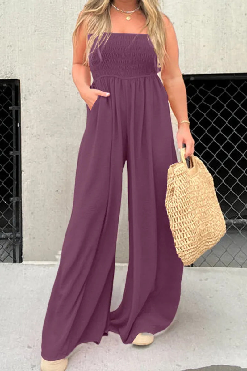 CM | Casual Simplicity Solid Pocket Square Collar Loose Jumpsuits (6 Colores)