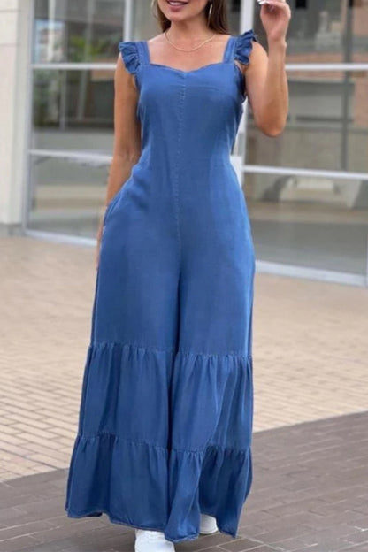 CM | Casual Solid Flounce Square Collar Loose Jumpsuits