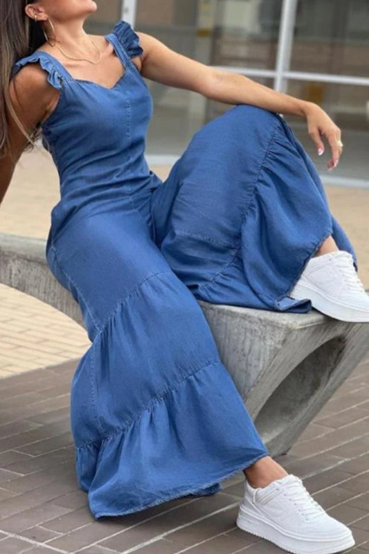 CM | Casual Solid Flounce Square Collar Loose Jumpsuits