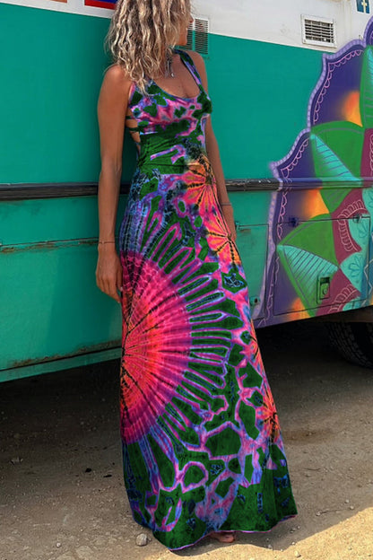 CM | La Bamba maxi vestido elástico con lazada en la espalda y estampado tie-dye