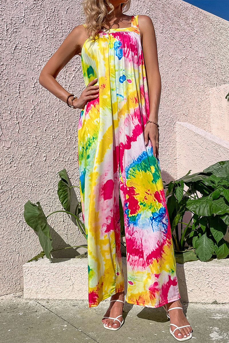 CM | Casual Print Bolsillo Cuello Cuadrado Monos Sueltos