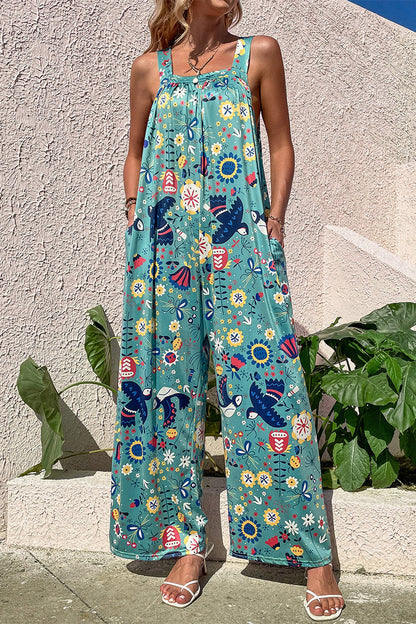 CM | Casual Print Bolsillo Cuello Cuadrado Monos Sueltos