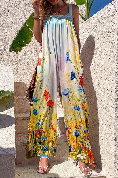 CM | Casual Print Bolsillo Cuello Cuadrado Monos Sueltos