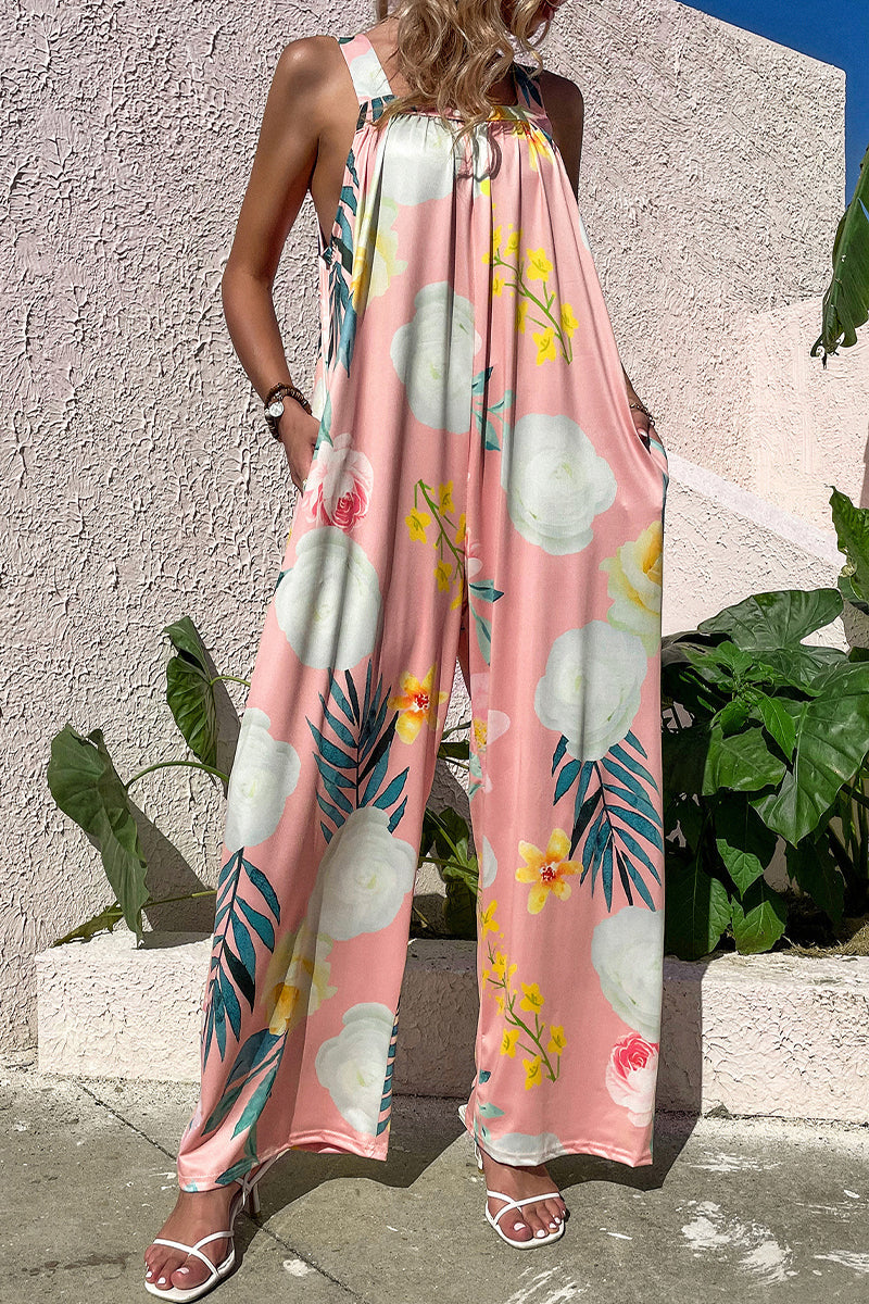 CM | Casual Print Bolsillo Cuello Cuadrado Monos Sueltos