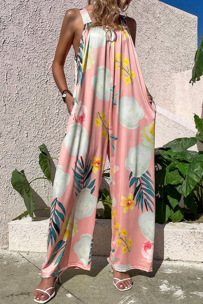 CM | Casual Print Bolsillo Cuello Cuadrado Monos Sueltos