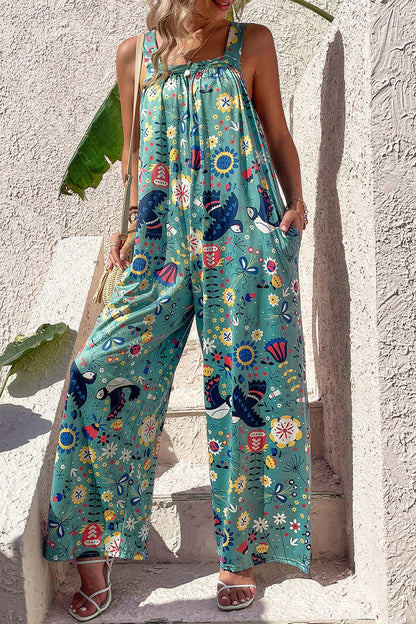 CM | Casual Print Bolsillo Cuello Cuadrado Monos Sueltos